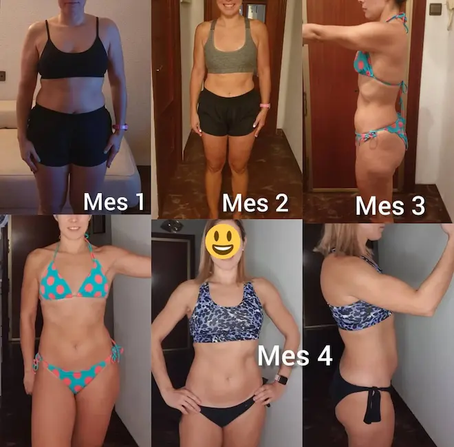 Antes y después de clienta tras seguir plan de pérdida de grasa y tonificación online